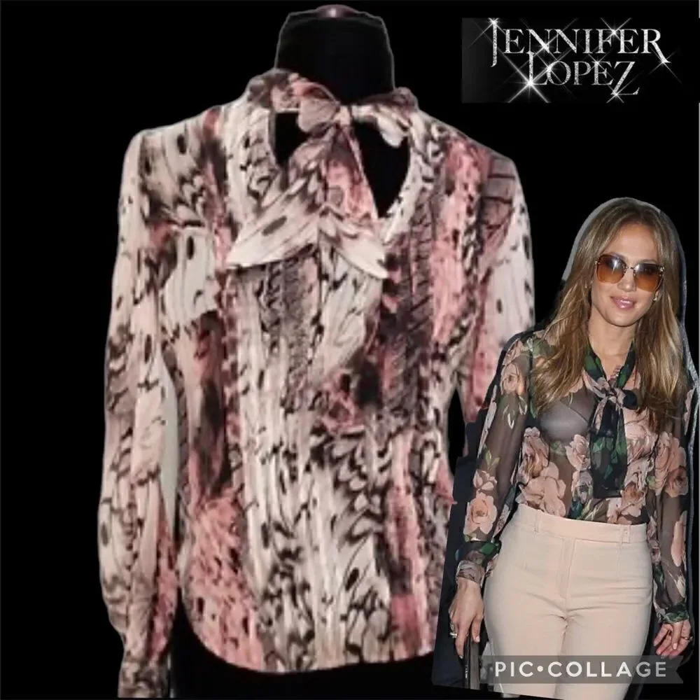JLo Pink Leopard Print Chiffon Tie Neck Pin tucked Long Sleeve Blouse - Picture 2 of 13